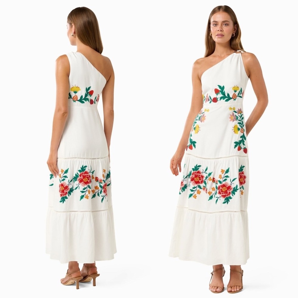 Ever New Ollie One Shoulder Floral Embroidery Maxi Dress Linen Blend - Size 0